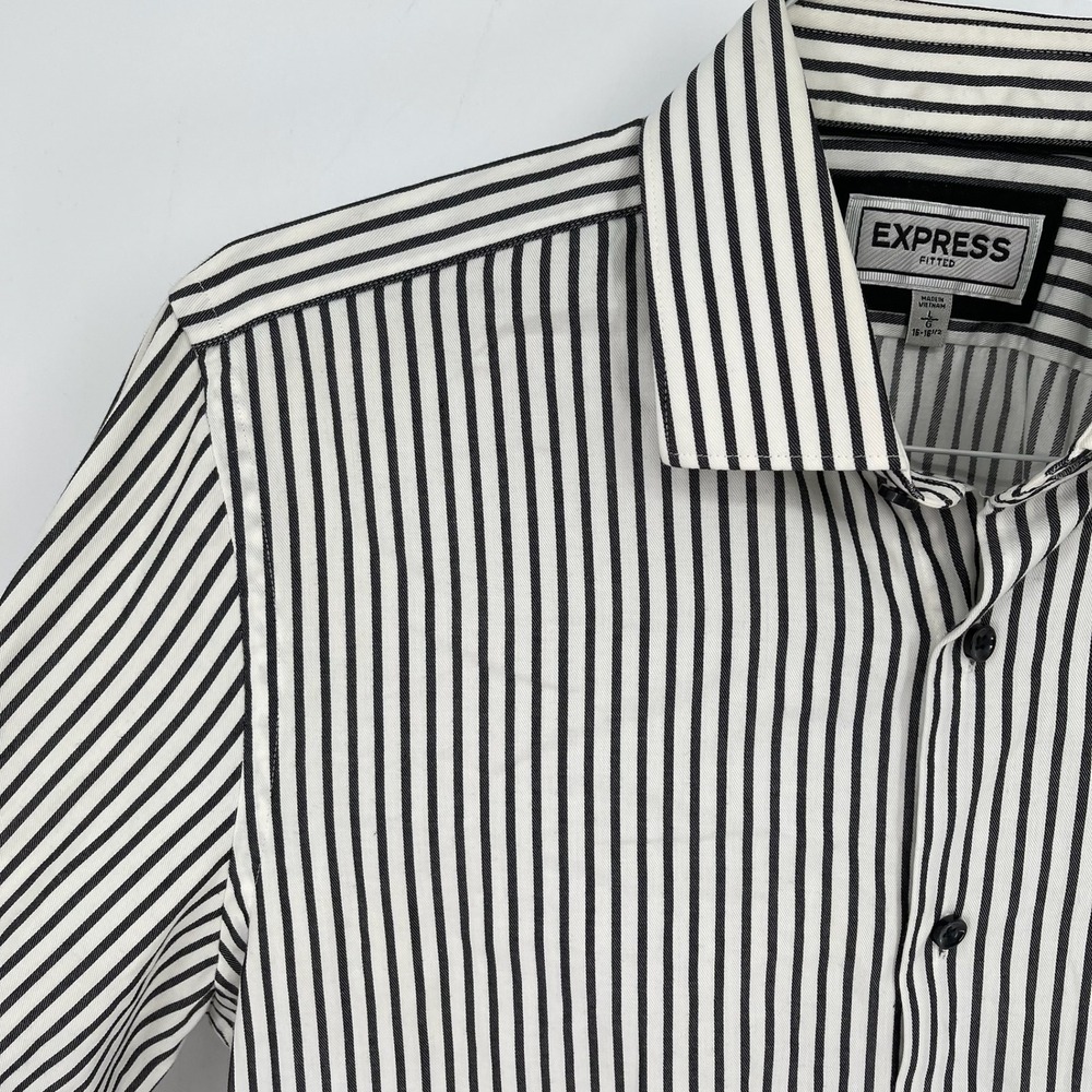Express Y2K Men's White Black Striped Fitted Long Sleeve Button Up Shirt Size L - Picture 2 of 5